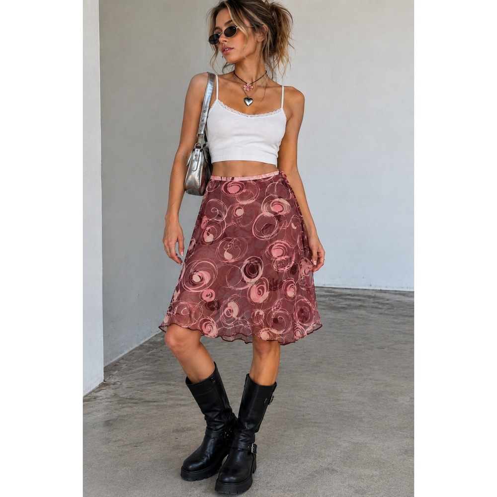 Y2K Pink Brown Swirl Mesh Midi Skirt Size 14 Fairy Grunge Dopamine Maximalist